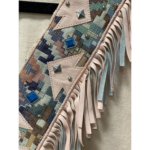 Vintage Rare Tony Ward Rare Xperiance Western Leather Fringe Studs Tee Large - Picture 4 of 7